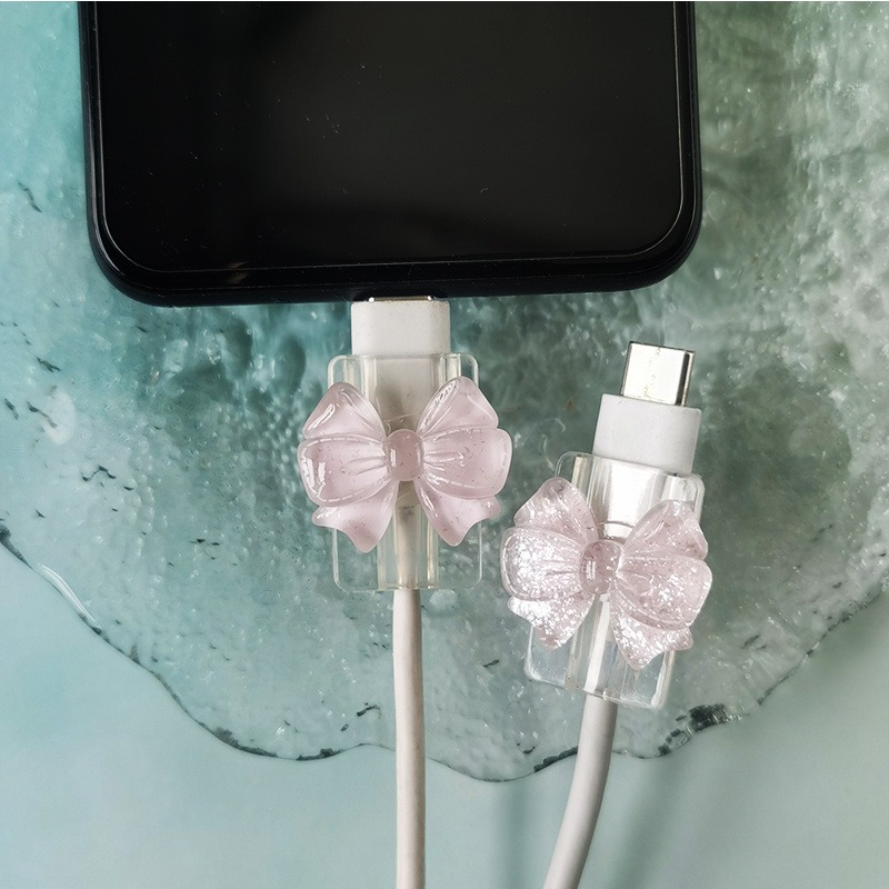 Spring Roll Wrapper - 2個入り 韓国風リボン INS クリア充電器データケーブル保護カバー 充電器用キュートなケーブルプロテクター ワインダー