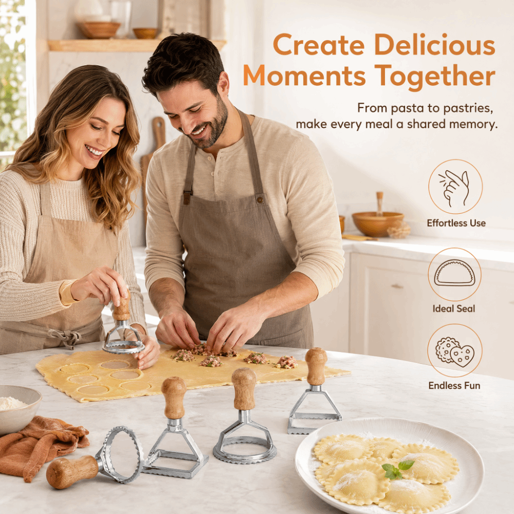 Dumpling Press Set - 7個入り個別直立ラビオリカッターセット、無垢材アルミ餃子型、波型エッジペストリースタンププレス、ベーキングデコレーション